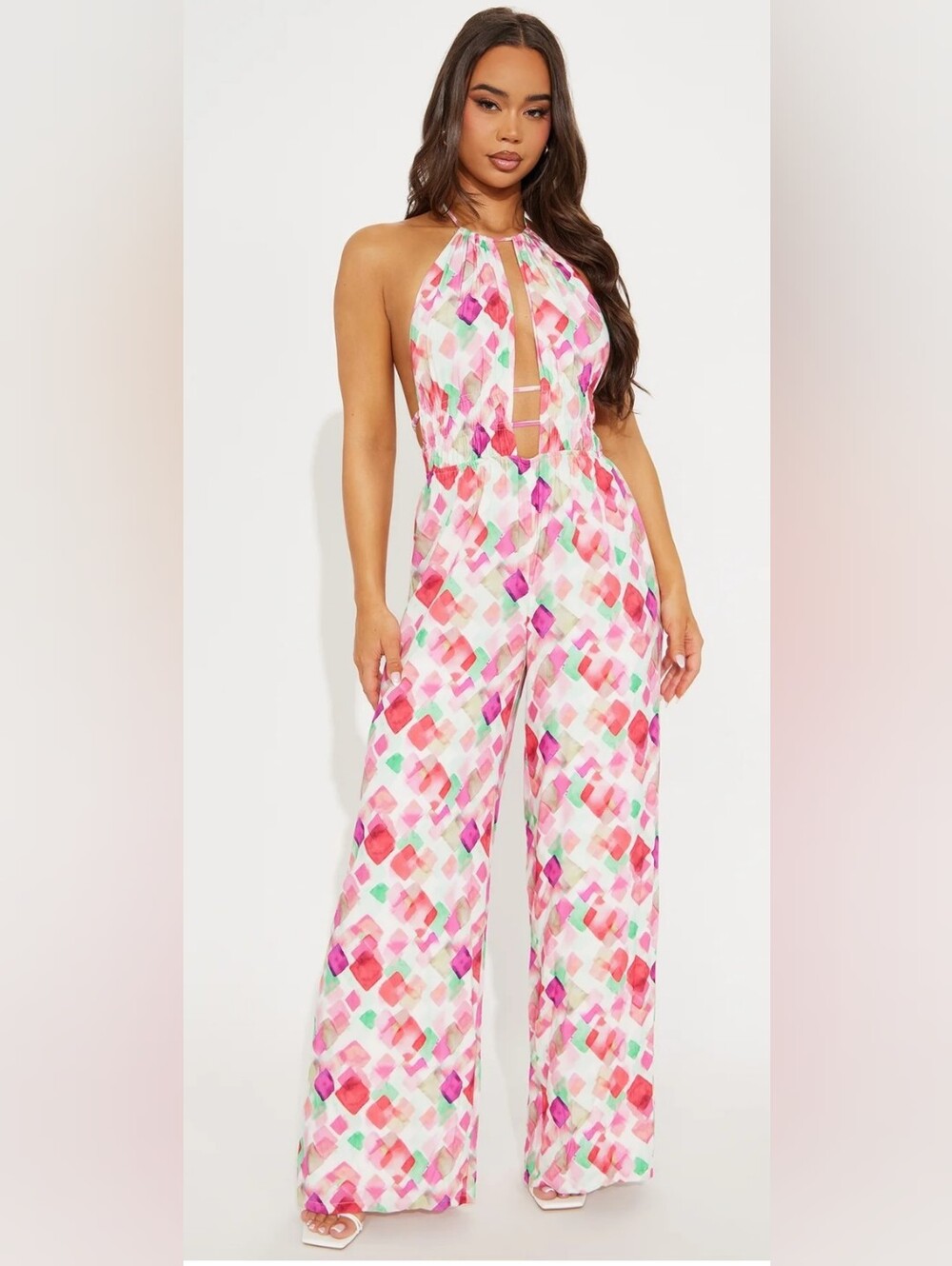 Fashion Nova Pink Multi Geo Watercolor Halter Jumpsuit